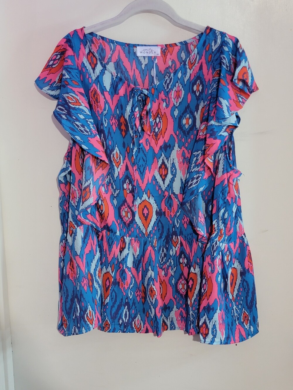 Emily Wonder Blue Pink Ikat Ruffle-Sleeve Blouse NWT